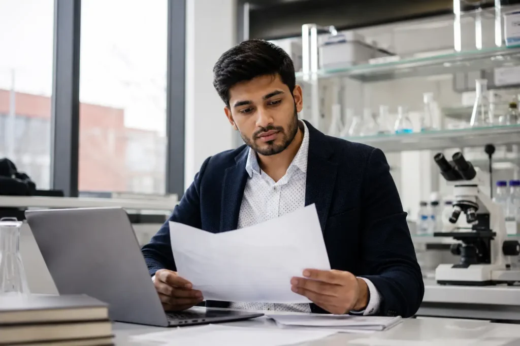 International graduate reviewing Mitacs internship documents for Manitoba Graduate Internship Pathway PR application
