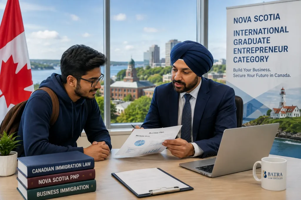 Professional immigration lawyer consulting an international graduate entrepreneur about the Nova Scotia International Graduate Entrepreneur Category in Canada.